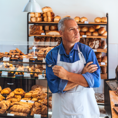 A bakery owner deep in thought.